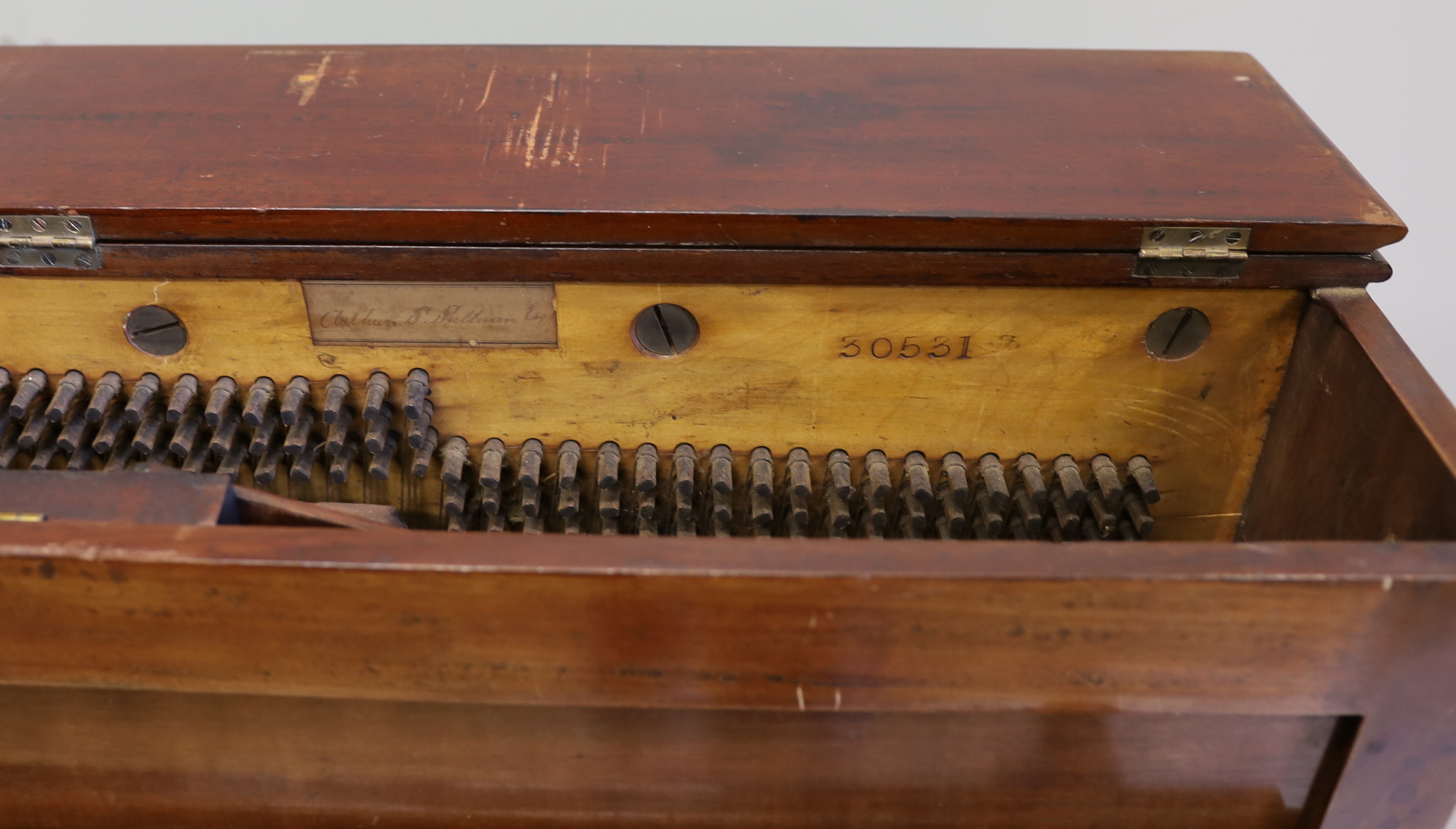 A John Broadwood & Sons upright piano, formerly the property of Sir Arthur Sullivan, a mahogany pianette model no.22 with 82 keys built in 1867